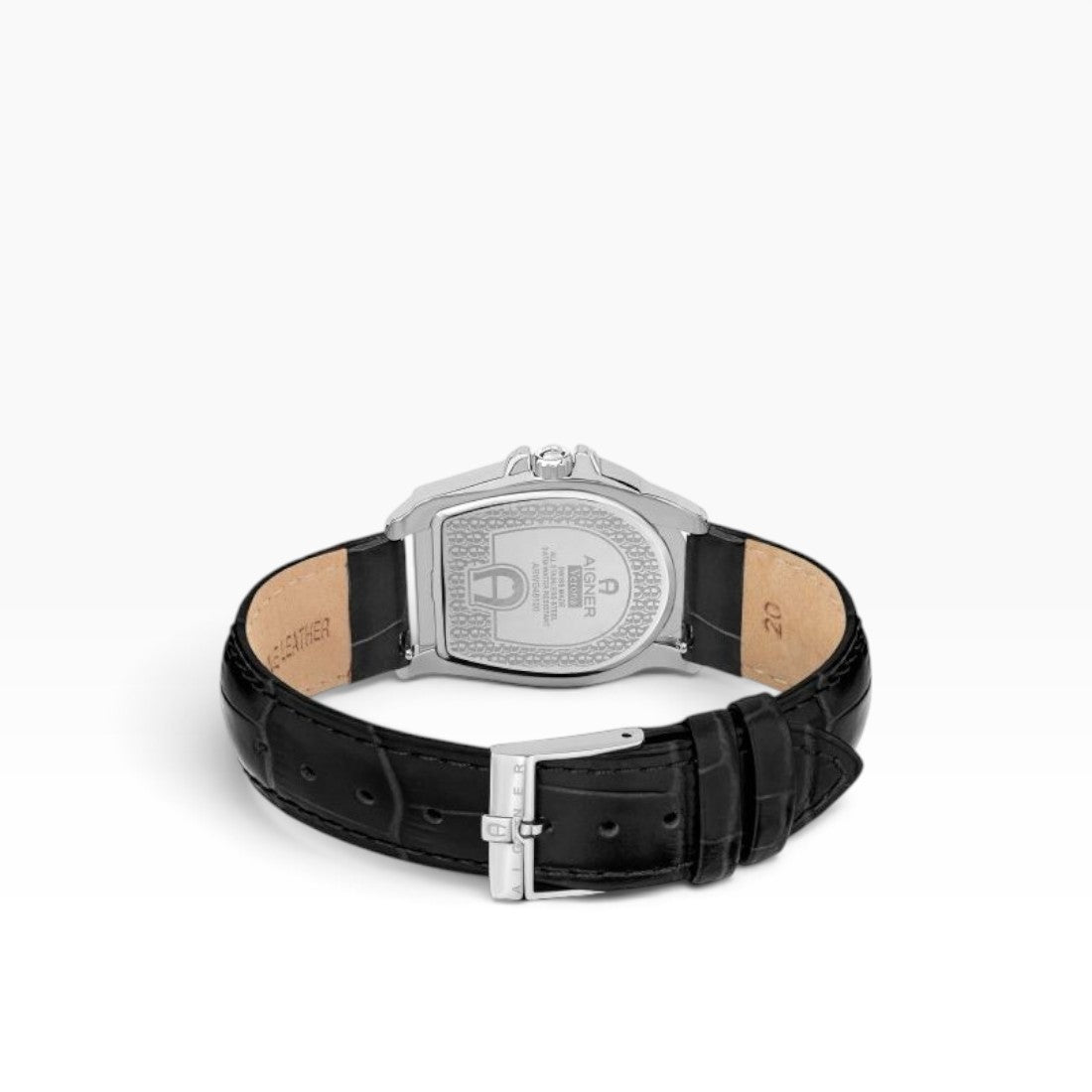 Aigner Verona | White Logo-Print Silver Watch with Black Leather Strap — 37×44mm