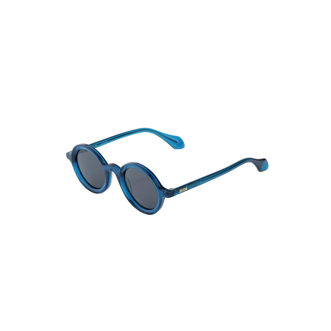 Unisex Sefsan Sphaira sunglasses featuring transparent blue full-rim frame, smoke-tinted lenses, and contemporary casual style side view 