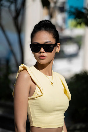 Sefsan Nehsan sunglasses with flat-top black frame, smoke lenses & unisex modern design model front view