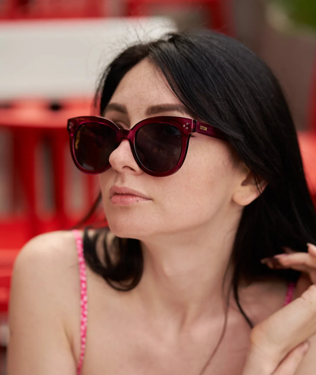 Unisex Sefsan BOBA sunglasses featuring crystal purple transparent frame, smoke-tinted lenses, and stylish contemporary design model side view 