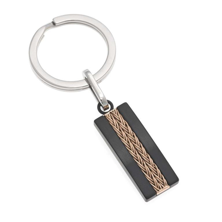 KEYCHAIN STEEL RHODIUM RECTANGULAR IP BLACK DETAIL